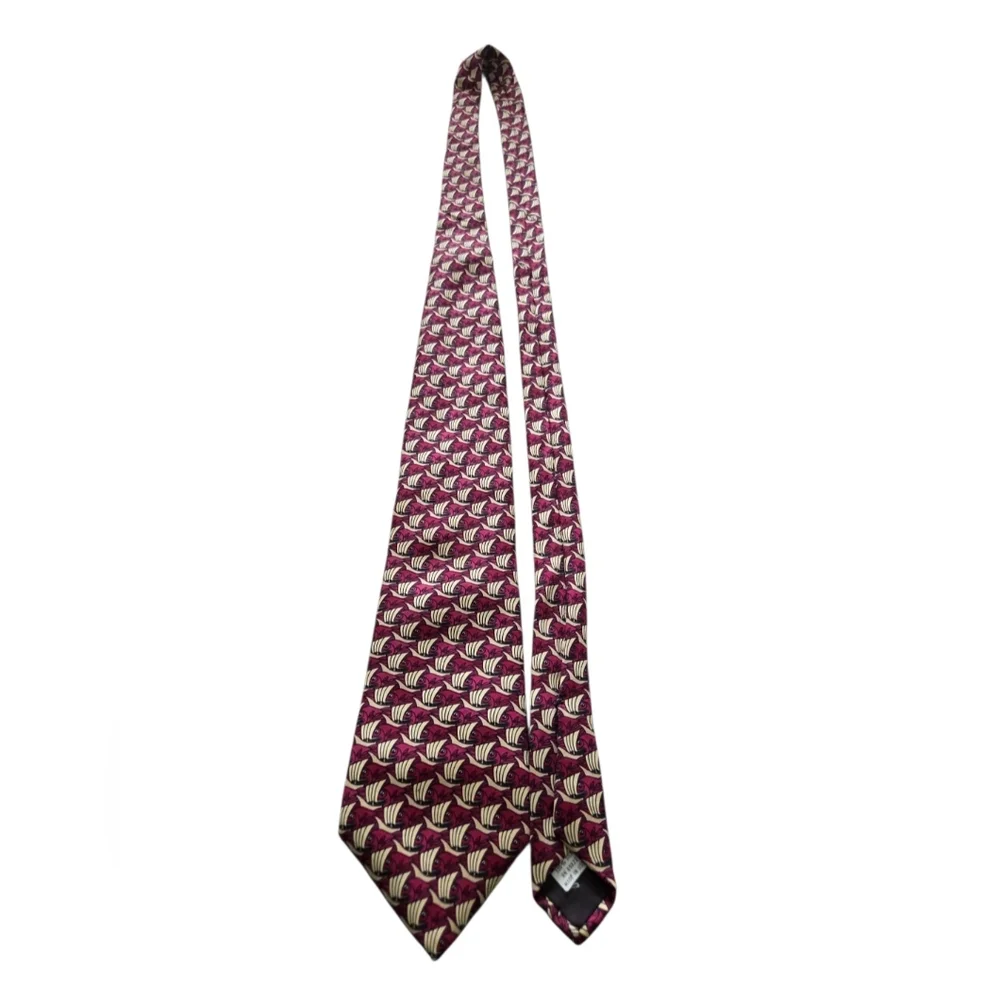 Boxtree Company 100% Silk Tie Fish Nautical Boats Made USA Novelty Burgundy Bold